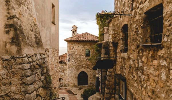 ancient stone buildings at old town on cloudy day, Eze, France